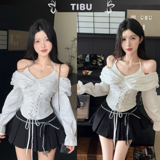 Set Áo Trễ Vai Hai Dây Kẻ Sọc Đen Phối Chân Váy Xếp Ly TIBU Set Đồ Nữ Xinh Xắn Đi Chơi Dạo Phố Đi Học B592