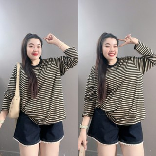  Áo thun tay dài sọc ngang unisex form rộng Bigsize Nữ chất cotton co giãn thoải mái 50-92kg A296 