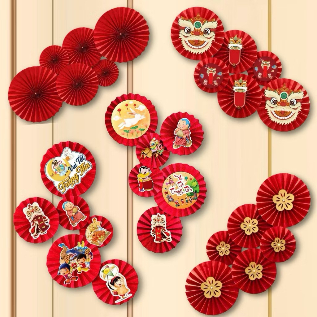 set6 quạt đính đá, quạt treo đầu lân trang trí tết....