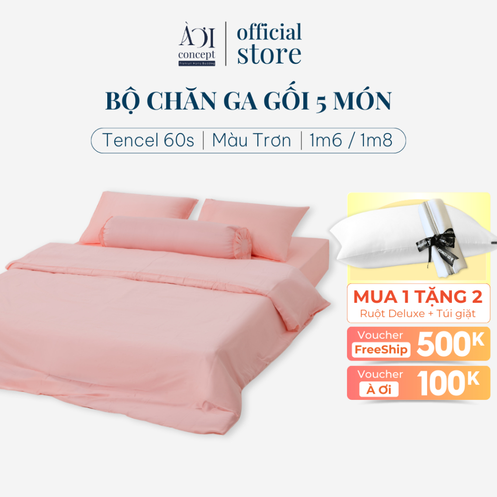  Bộ Chăn Ga Gối 5 Món Lụa Tencel Size 1m6x2m và 1m8x2m Trơn Nhiều Màu AOICONCEPT cao cấp Hàn Quốc Mềm Mịn Thoáng Mát 