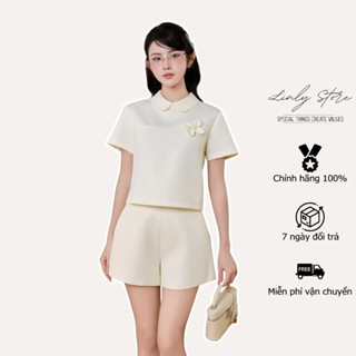 Áo kiểu nữ thiết kế cổ sen đính hoa, áo sơ mi tay cộc dáng lửng tiểu thư Linly Store A-KIE29