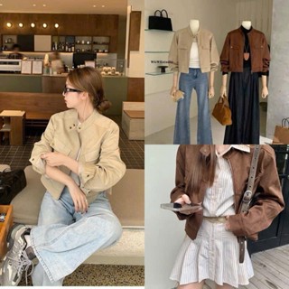  Áo Khoác da Lộn Cổ Tàu”MIJEE” dáng lửng dài tay cúc đồng dáng lửng style Ulzzang Jacket lót gió  