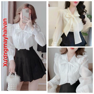  HV - Áo sơ mi voan cổ nơ vai bèo xinh xắn 