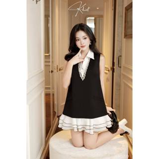  Set đầm sát nách KHIẾT đen viền bèo đính đá sang chảnh phối cổ sơ mi trắng trẻ trung phong cách tiệc tùng  KS319 