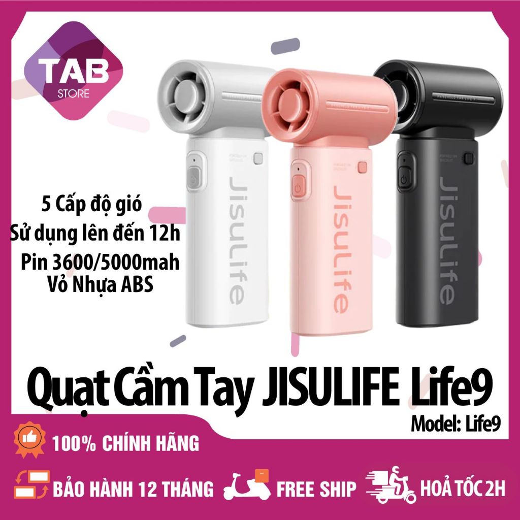 Quạt Cầm Tay Jisulife Life 9 3600/5000mAh, 5 Tốc Độ Gió, 12 giờ- Bảo Hành 12 Tháng