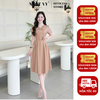  Đầm nữ Nhật Vy cổ V tay ngắn dáng xoè chất lụa công sở dự tiệc màu kem đen cacao - D3443 