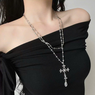 Dây chuyền chữ thập bạc cỡ dài đính đá pha lê hot douyin style us uk cá tính y2k