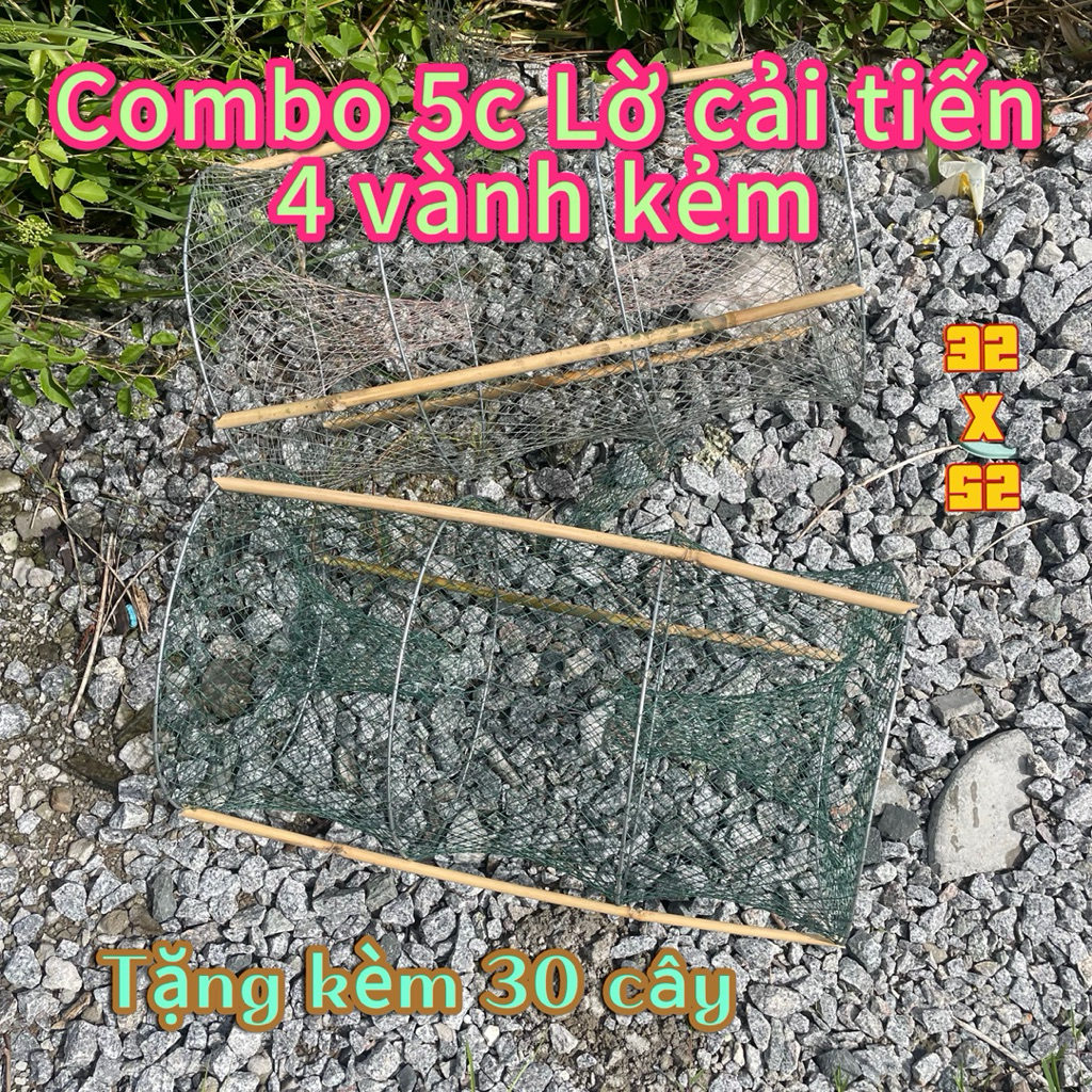 5 cái Lờ 4 vành, lờ bắt cá cải tiến (32x52cm) kèm 15 cây Fishing Bắt Cá Câu Cá