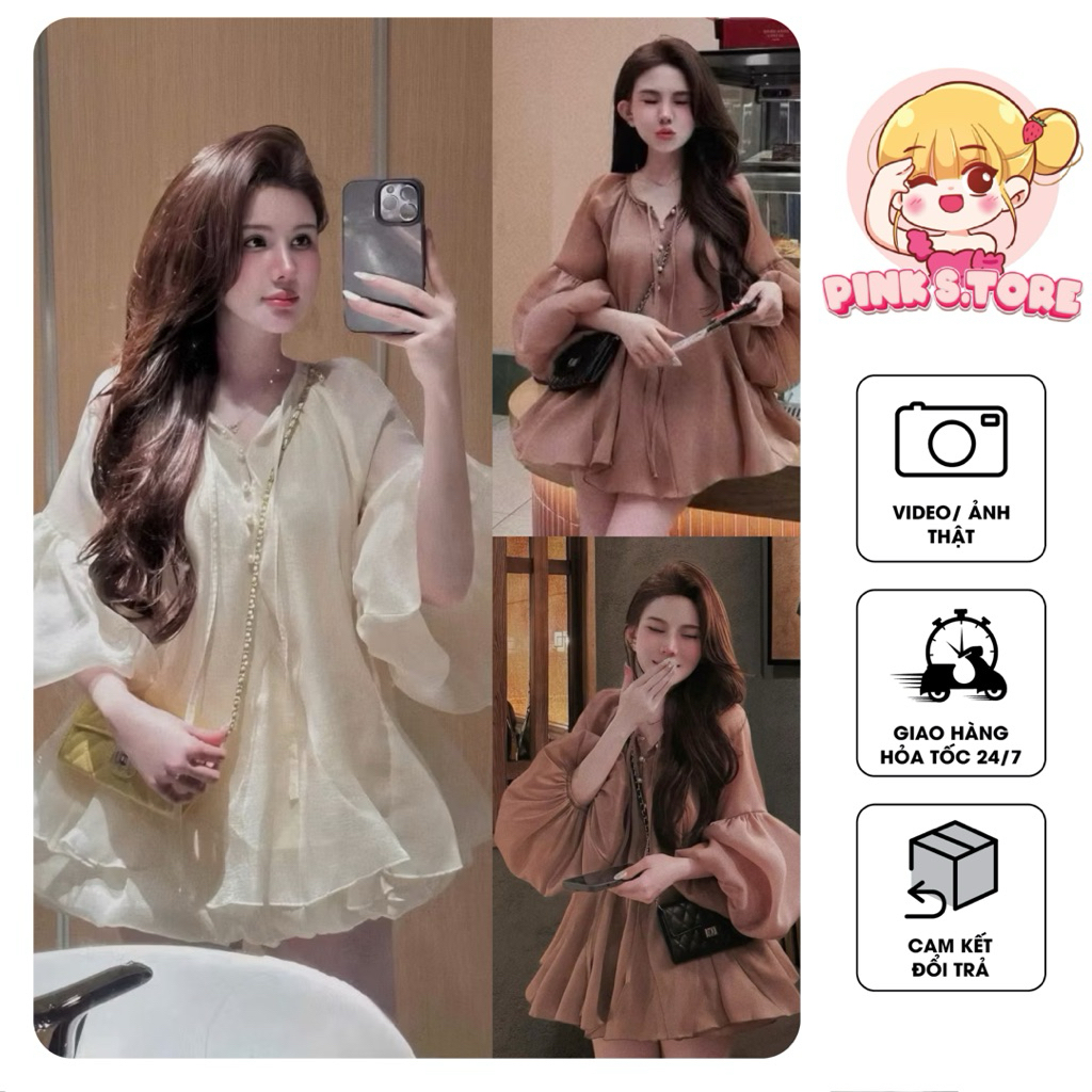 " SET BỘ BABYDOLL " NÚT NGỌC TAY PHỒNG PHỐI QUẦN BÍ XINH 2 LỚP TIỂU THƯ by PINKS.tore