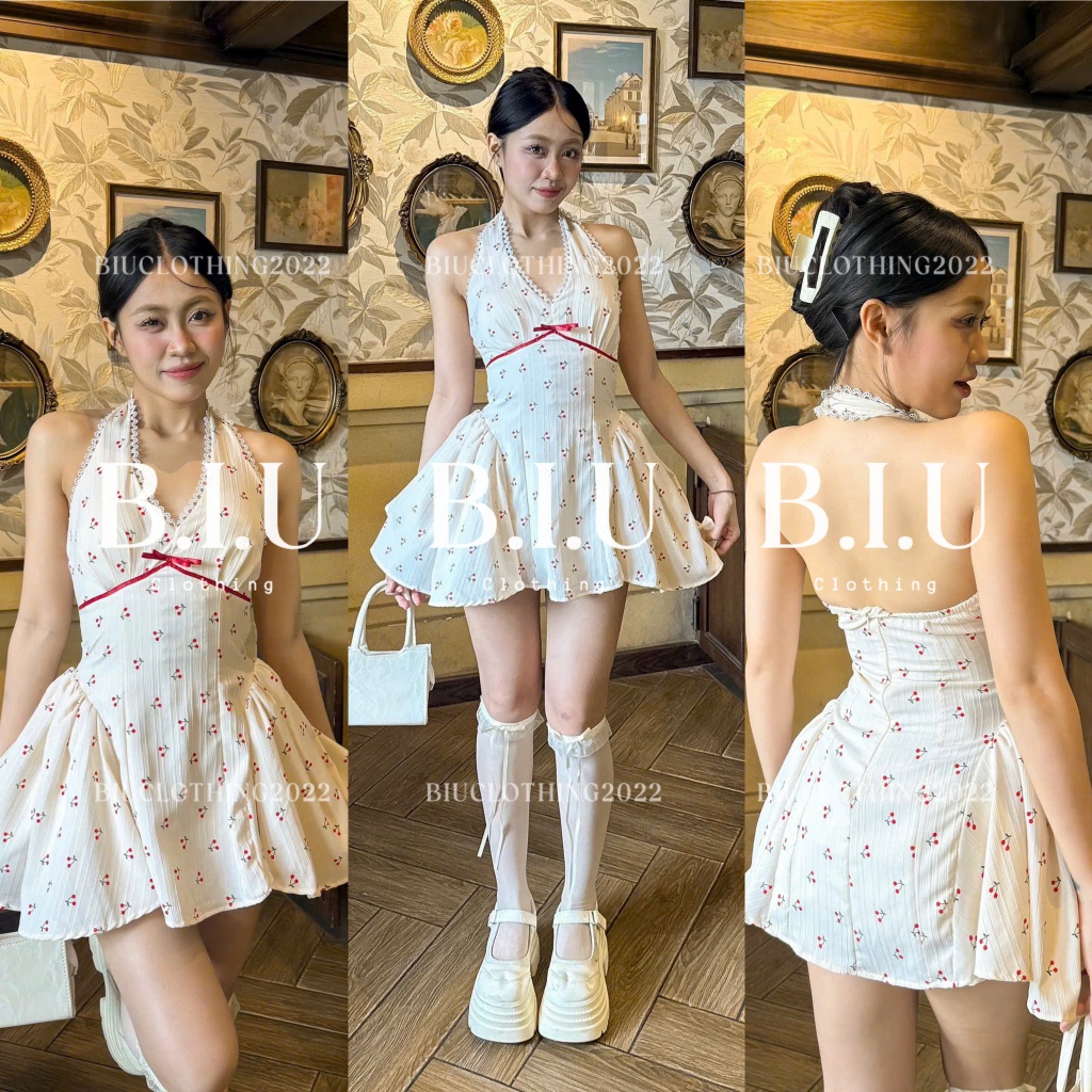 Đầm yếm hở lưng dáng xòe ren ngực họa tiết cherry douyin dễ thương đáng yêu Heu Dress Biu Clothing BB0506 | BigBuy360 - bigbuy360.vn