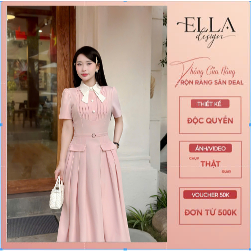 Váy Đầm Thiết Kế Ella Desgin dành cho nữ kiểu dáng midi có túi, phối cổ trắng phù hợp mặc đi chơi,đi