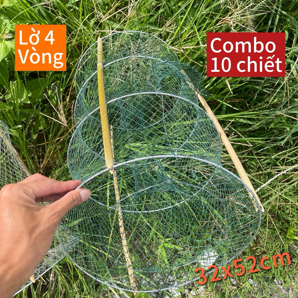 Combo 10c lờ cá cải tiến 4 vòng kẻm- lờ bắt cá 32x52 cây chống đầy đủ