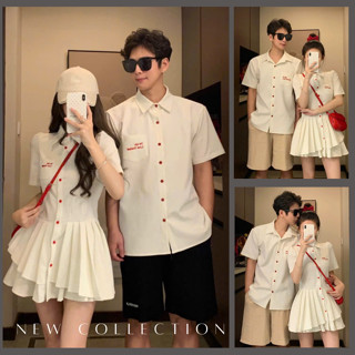  Set đồ đôi - Áo váy sơ mi cặp đôi áo nam+đầm nữ phối nút đỏ xếp li năng động trẻ trung 