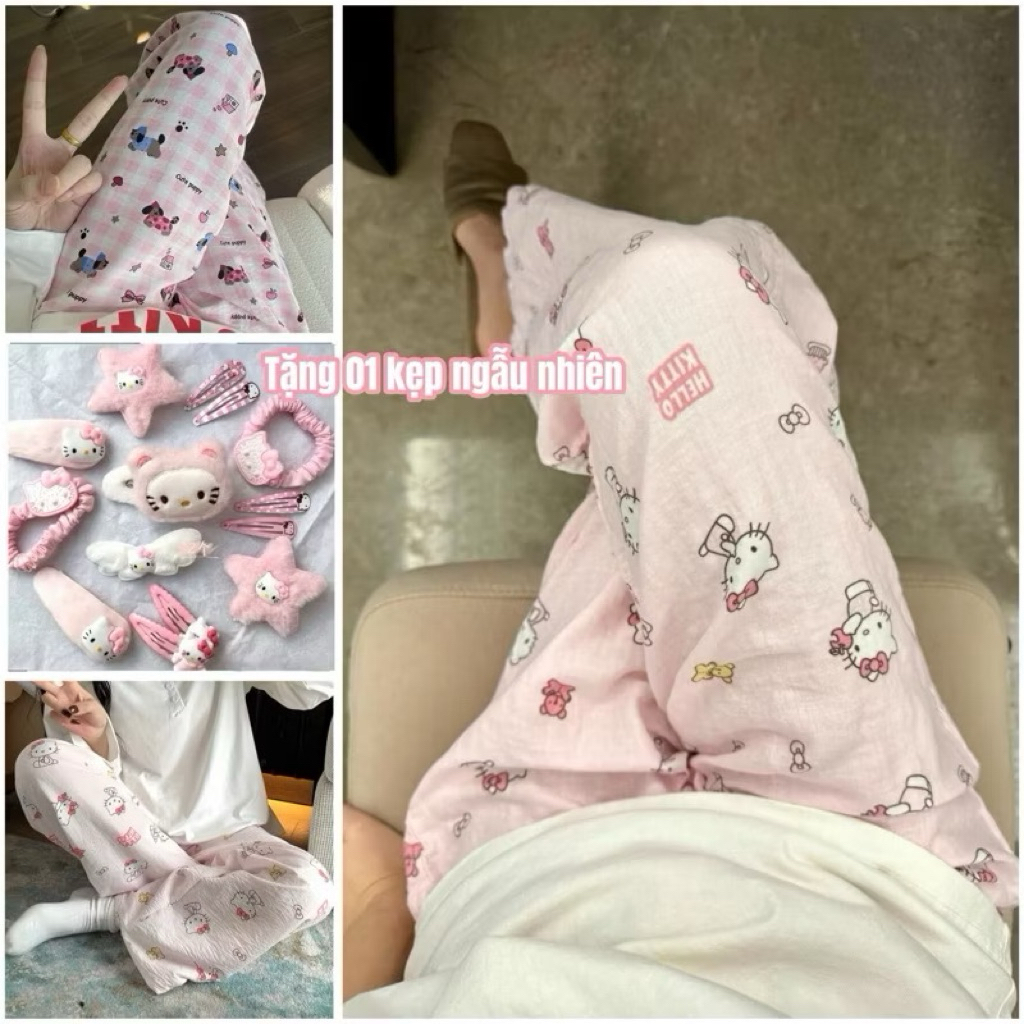 Quần ngủ ống rộng, quần pijama hello kitty đũi xốp dễ thương freesize