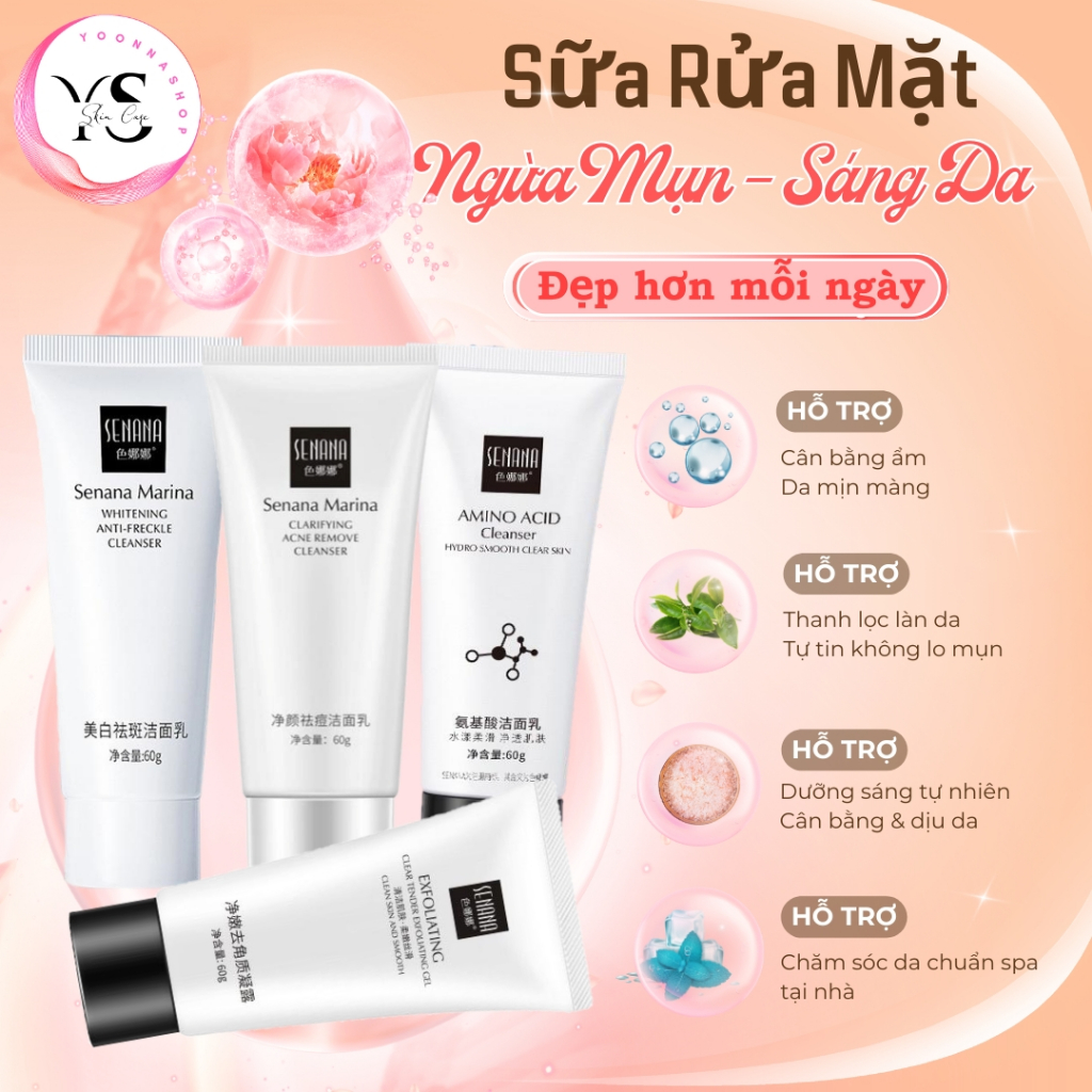 Sữa Rửa Mặt Làm Trắng Da, Ngừa Mụn Senana 60g Trẻ Hóa, Kiểm Soát Dầu, Dưỡng Ẩm Lấy Sạch Bụi Bẩn A234