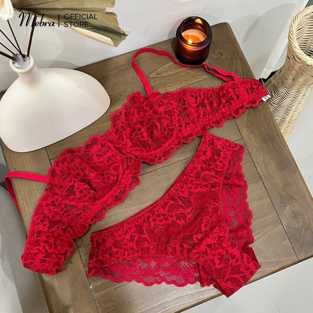 MELINA - Bộ Đồ Lót Ren Nữ Đỏ Đô Viền Mi Áo Cup Ngang Có Gọng Quần Lót Ren Cánh Tiên Không Lộ Viền Mông Mebra | BigBuy360 - bigbuy360.vn