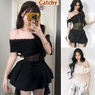 Set áo lưới lệch vai nữ viền ren cột nơ thiết kế tua rua phối chân váy bí xòe bồng xinh xắn CATCHY