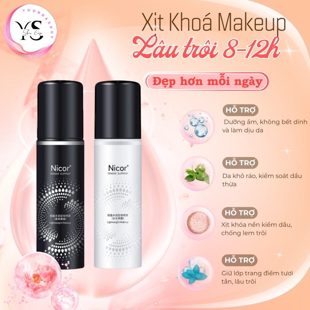 Xịt khóa trang điểm cố định lớp make up 12 giờ NICOR 100ml căng bóng lâu trôi cấp nước kiềm dầu A49