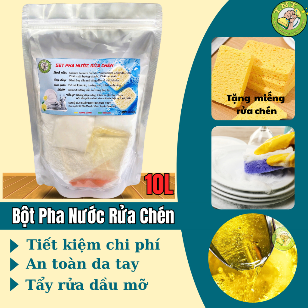 Bột pha nước rửa chén đậm đặc 10L - tự pha tại nhà ,an toàn da tay, sạch dầu mỡ, tiết kiệm chi phí.