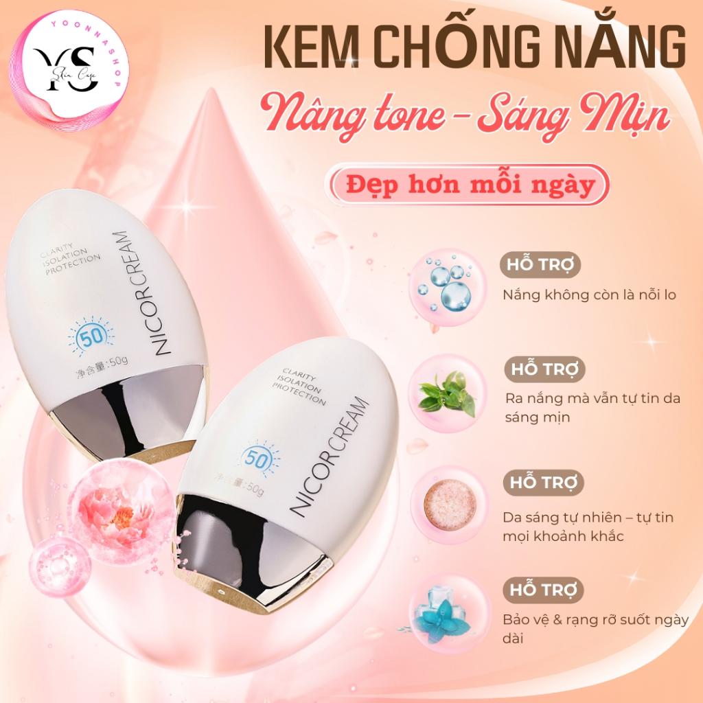 Kem chống nắng trắng da chống nước NICOR 50g bảo vệ da với SPF 50+ PA++++ giúp da sáng rạng rỡ A216