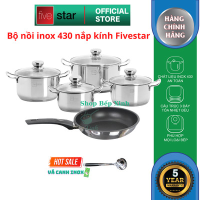 Bộ nồi chảo 3 đáy inox 403 cao cấp Fivestar nắp kính size 16cm , 18cm , 20cm , 24cm , chảo chống dính 24cm