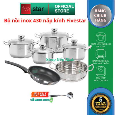 Bộ nồi inox 430 cao cấp FiveStar Standard nắp kính size 16, 18, 20, 24cm , xửng 24cm , chảo chống dính 24cm