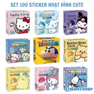  Set 100 Sticker Mèo Chó Kitty Loopy Shin Sanrio Trang Trí Sổ Vali Laptop Miếng Dán DIY 3-4cm 