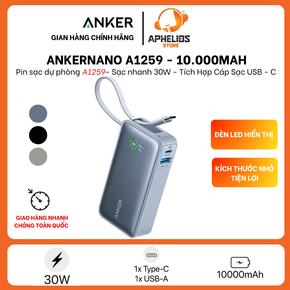 HÀNG CHÍNH HÃNG - Sạc Dự Phòng Anker Nano A1259 10.000mAh Công Suất 30W - Tích Hợp Cáp Sạc USB - C H