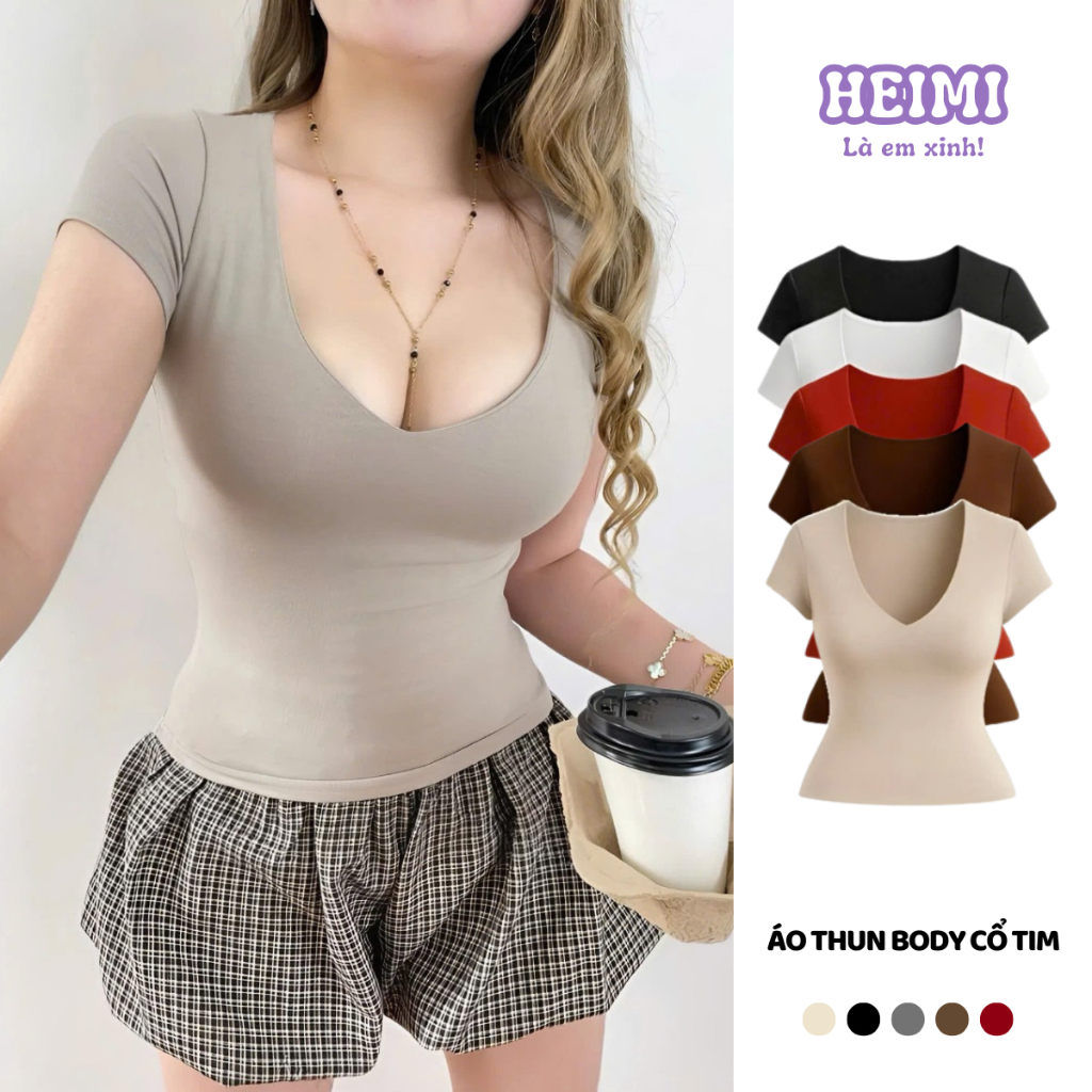 Áo Thun Cổ Tim Không Viền May Form Ôm HEIMI, Áo Body Thắt Eo Tôn Dáng Chất Thun Cotton Mềm Mịn | BigBuy360 - bigbuy360.vn
