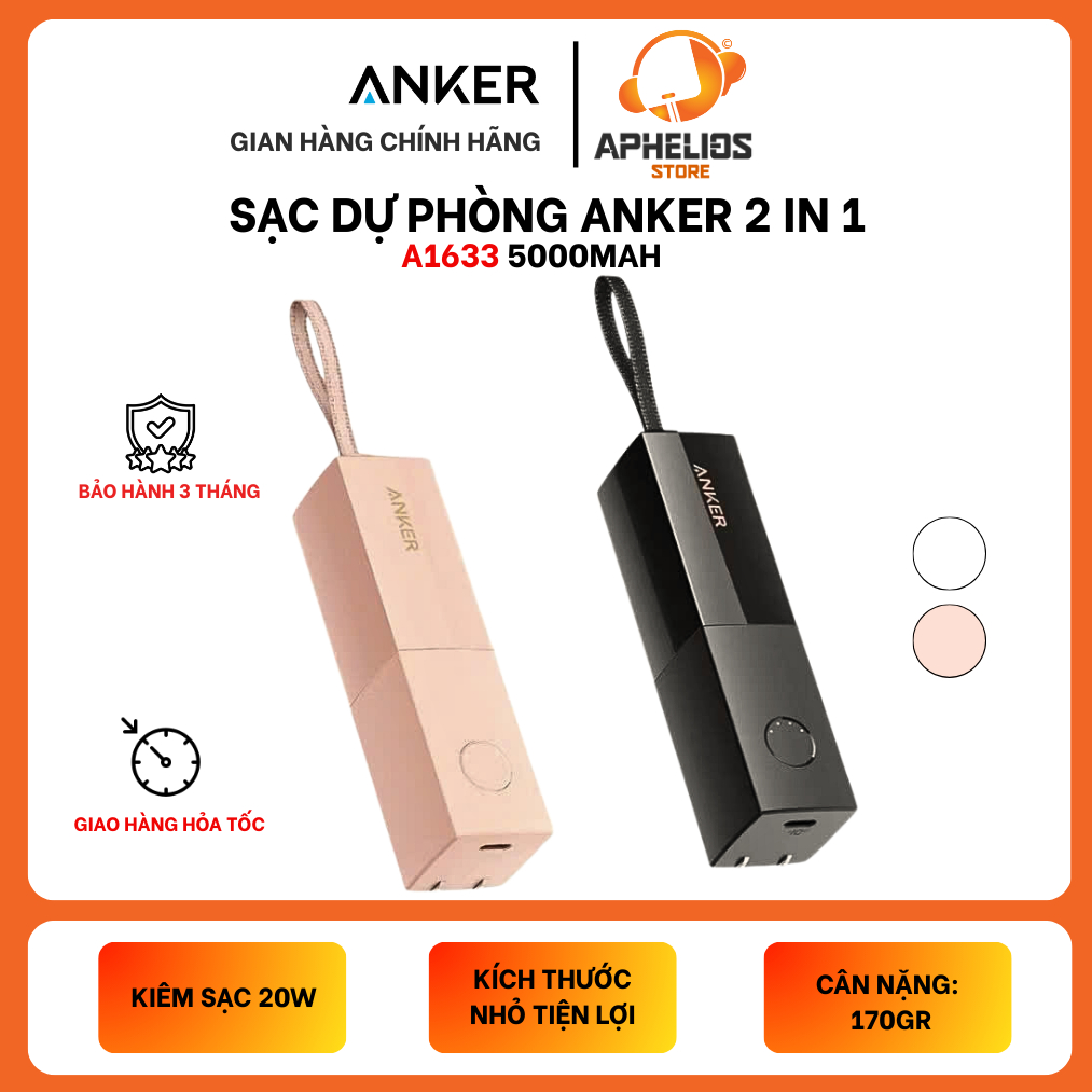 Sạc Dự Phòng 2 In 1 Anker A1633 - Củ Sạc Nhanh Kiêm Sạc Dự Phòng 5000MAh - Hàng Used