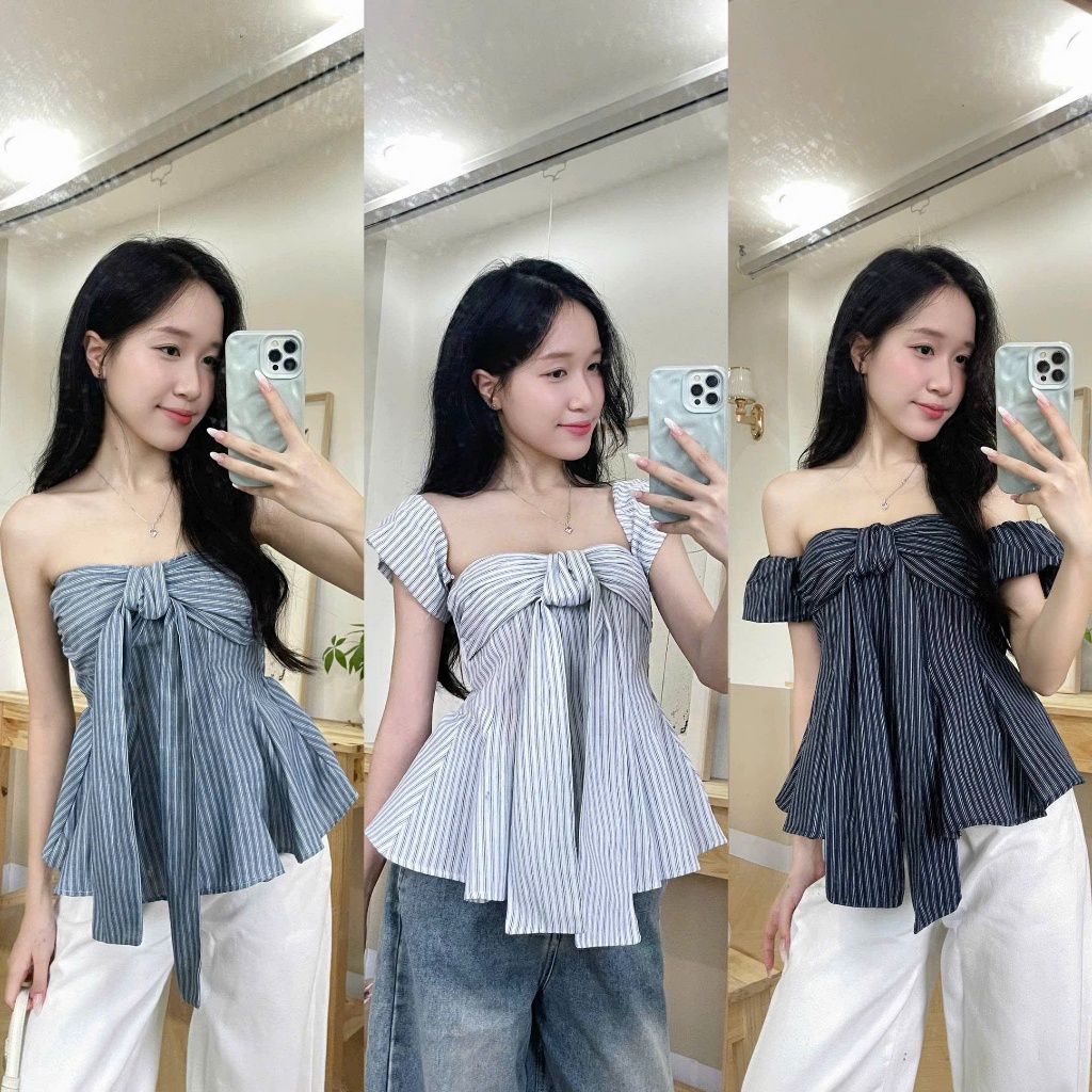 Áo kẻ thắt dây ngực chiết eo tay bo chun có cúc tháo rời IVORY TOP | BigBuy360 - bigbuy360.vn