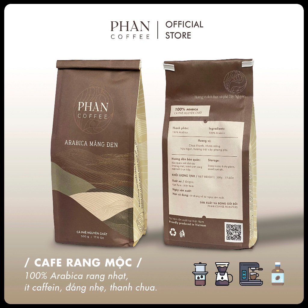 Cà phê ARABICA MĂNG ĐEN nguyên chất rang mộc đắng nhẹ chua thanh hợp pha Cold Brew, Máy, Pour Over -