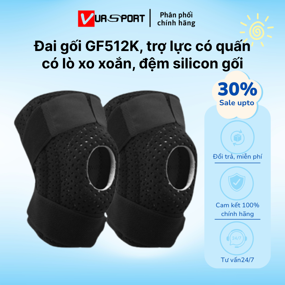 Bó gối thể thao GF512K có 4 lò xo xoắn, đệm silicon trợ lực bảo vệ dây chằng bánh chè