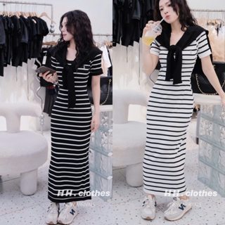 Váy kẻ body ngựa cộc tay dáng dài kèm khăn co giãn