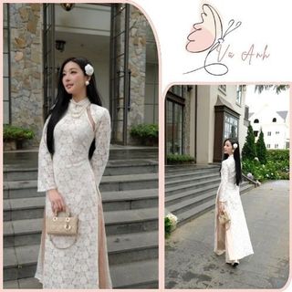 Áo dài truyền thống ren cách điệu Vũ anh mẫu ý nhi chất vải ren hoa mềm, phối viền vai khoét lưới xinh - AD052