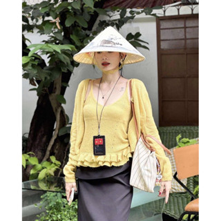 ( HÀNG QC - SẴN ) Set Áo Len 2 Dây Bèo Chân Mix Cadigan Dài Tay