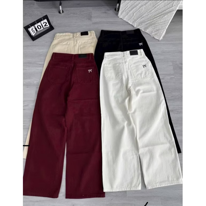 (Dài 95cm/103cm)-(XS-XL)Quần Jeans Kaki Ống Suông Thêu Nơ Có Suông Nấm Lùn và Suông dài Lưng cao,Quầ