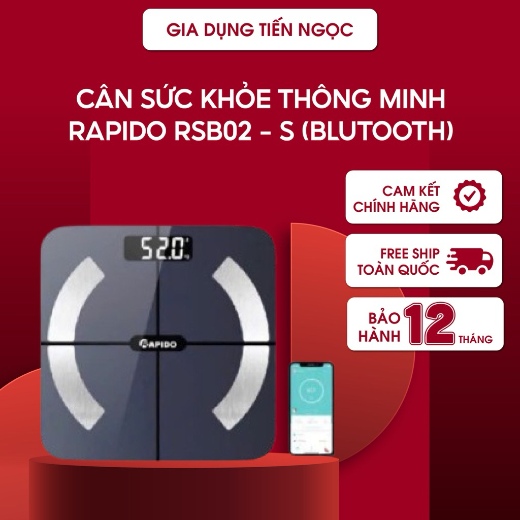Cân Điện Tử Sức Khỏe Thông Minh Rapido RSB02-S - Kết Nối Bluetooth, Đo 10 Chỉ Số