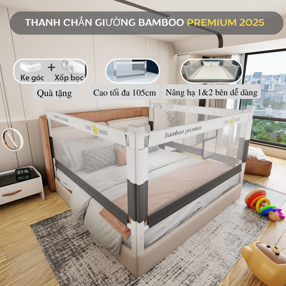 Thanh chắn giường cho bé Bamboo 2025 nâng cấp nâng hạ 1 và 2 bên dễ dàng, bảo hành trọn đời