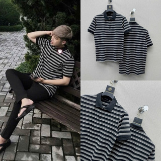  Áo polo nam nữ cổ bẻ PB cotton dệt hoạ tiết kẻ sọc đen trắng tràn thân dày dặn đơn giản basic PL186P 