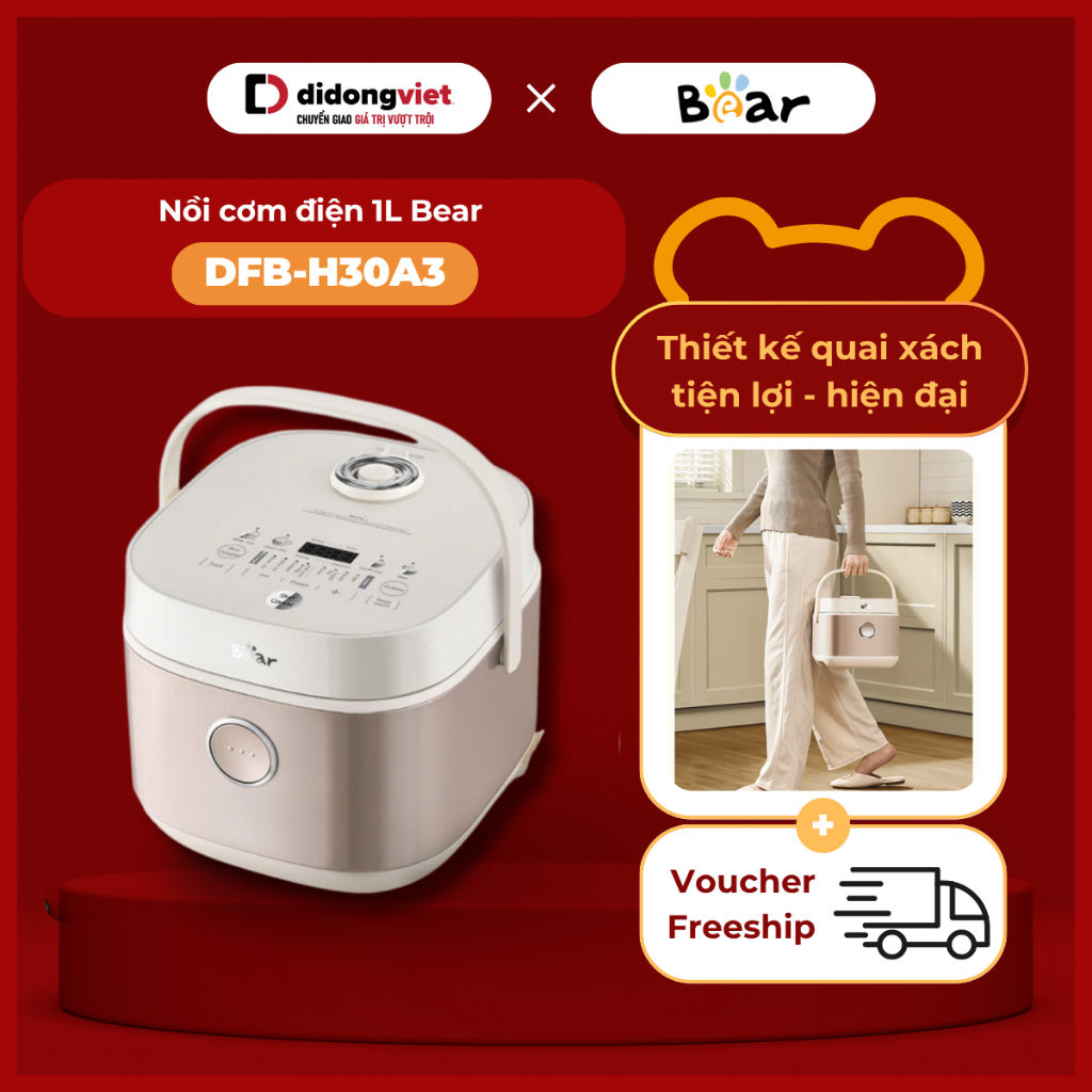 Nồi cơm điện 1L Bear DFB-H30A3 (RC-4H30S) | 600W - thiết kế tay cầm -lòng nồi tráng men | BH 18 thán