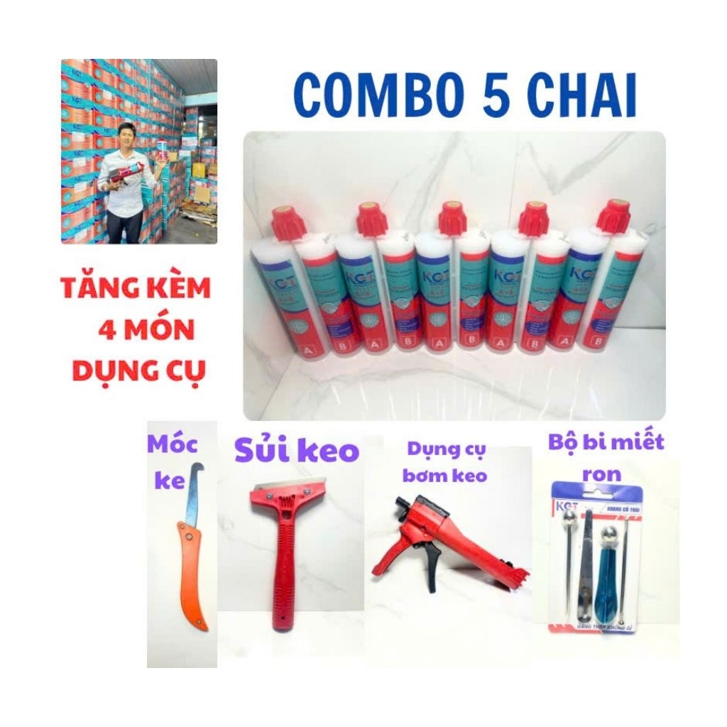Combo 5 chai keo chít ron gạch Epoxy,keo chà ron gạch Epoxy 2 thành phần ( TẶNG 4 MÓN: DỤNG CỤ BƠM ,
