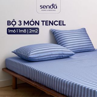  Bộ ga gối 3 món Lụa Tencel  Sen Đá Home Bedding cao cấp họa tiết kẻ sọc set 2 vỏ gối 1 ga giường bo chun 1m6 1m8 2m2 