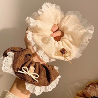  Dây Cột tóc Scrunchies nhung gân phối ren - Kèm nơ hoa hồng dễ thương Dtonline 