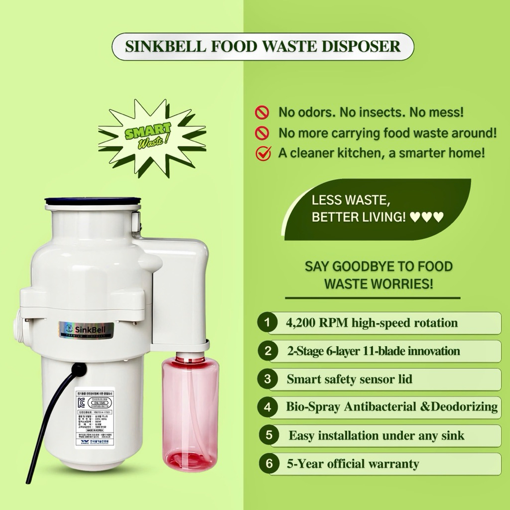 Sinkbell Food Waste Disposer | Smart Sensor & Automatic Antibacterial Deodorizing Spray | Imported f