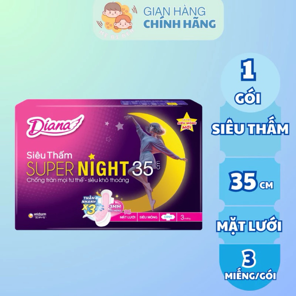 Băng vệ sinh ban đêm Diana mặt lưới siêu thấm, có cánh 35cm gói 3 miếng