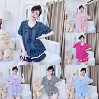 Đồ Bộ - Đồ Ngủ Quần Áo Đùi Xốp Caro Tiểu Thư Cổ Bèo Pijama Bigsize 50-100kg Bộ Ngủ Nữ Nhung Lịch Women Quần Ngủ - A.5043