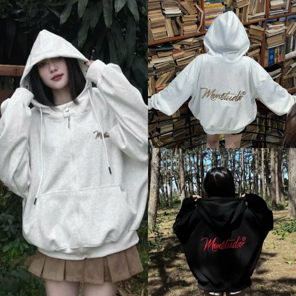 ÁO KHOÁC HOODIE NỮ CHỮ THÊU MON, CÓ KHUY BẤM CỔ, FOM BOXY. Hotrend BOMBERSHOP