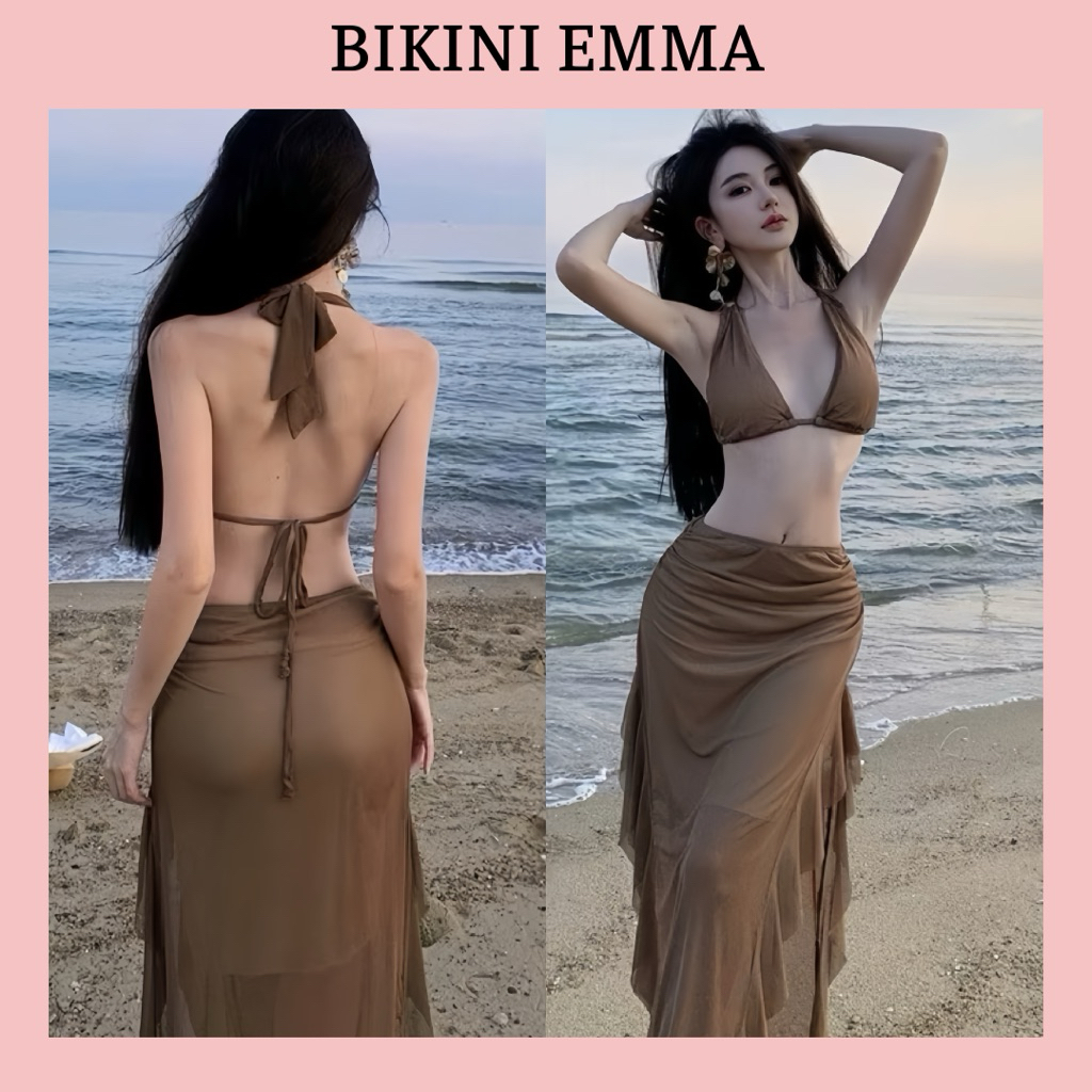 EMMA Set Bikini 3 Mảnh Cổ Yếm, Áo Mặc Nhiều Kiểu, Váy Dài Tua Rua