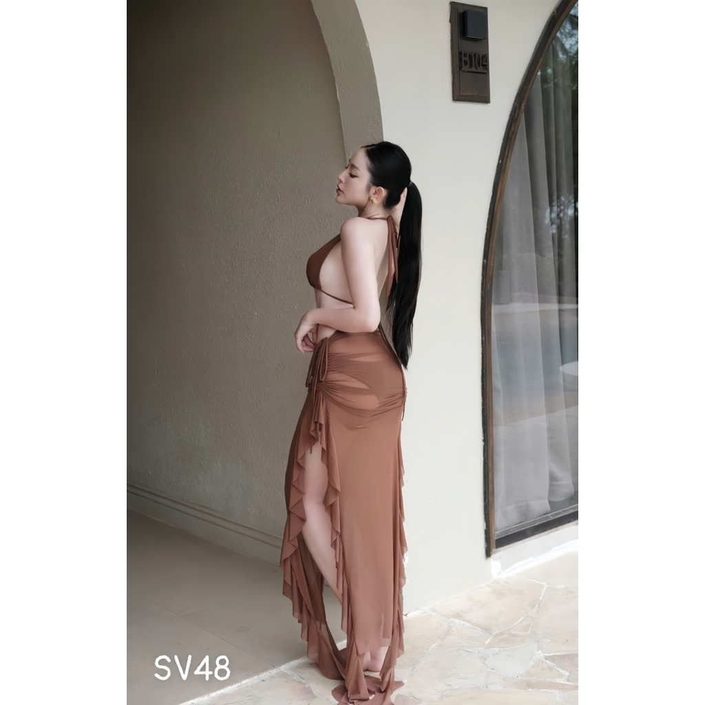EMMA Set Bikini 3 Mảnh Cổ Yếm, Áo Mặc Nhiều Kiểu, Váy Dài Tua Rua | BigBuy360 - bigbuy360.vn